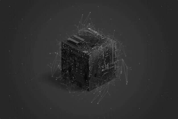 Cubo blockchain negro o cubo de circuito con polígonos y nodos sobre fondo negro