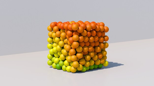 Cubo con bolas de colores. Ilustración abstracta, render 3d.