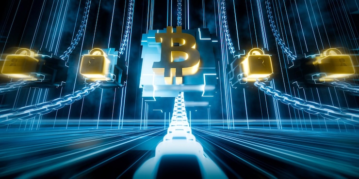 Foto cubo brillante de representación 3d con símbolo de moneda bitcoin de cadena y candado sobre fondo oscuro