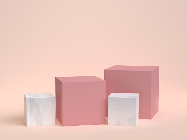 Cubo-caixa rosa mármore conjunto mínimo creme 3d renderização