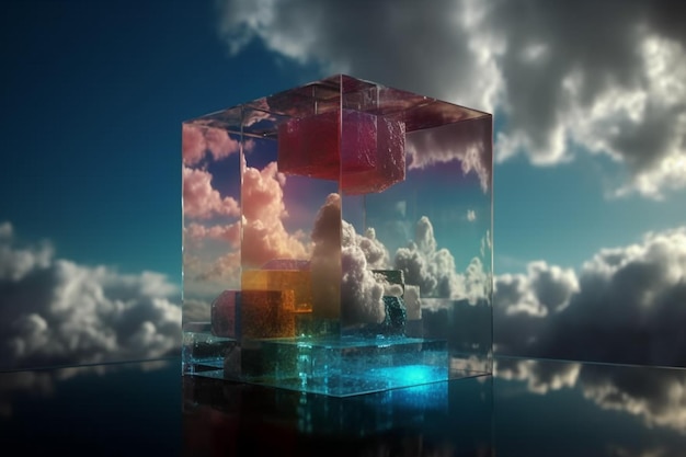Un cubo con un cielo azul y nubes en el fondo.