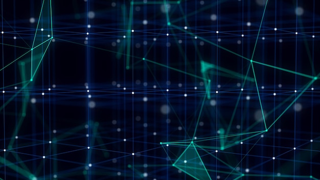 Cubo de ciencia ficción abstracto con partículas y líneas con indicadores digitales Conexión de red de tecnología en el mundo Conexiones digitales globales ai Cubo de estructura metálica Cifrado de cadena de bloques Representación 3D