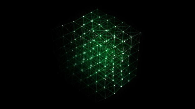 Cubo de ciencia ficción abstracto con partículas y líneas con indicadores digitales Conexión de red de tecnología en el mundo Conexiones digitales globales ai Cubo de estructura metálica Cifrado de cadena de bloques Representación 3D