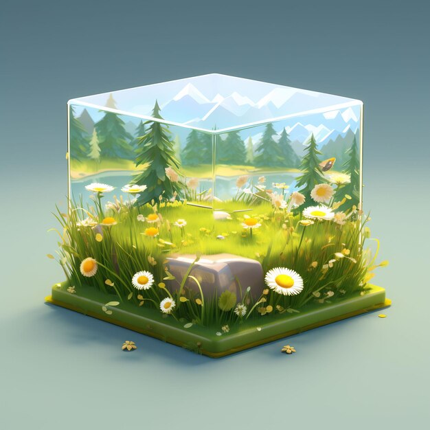 un cubo claro con flores y montañas en el fondo.