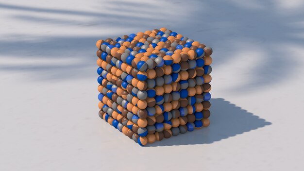 Cubo com bolas coloridas. Luz forte. Ilustração abstrata, renderização 3d.