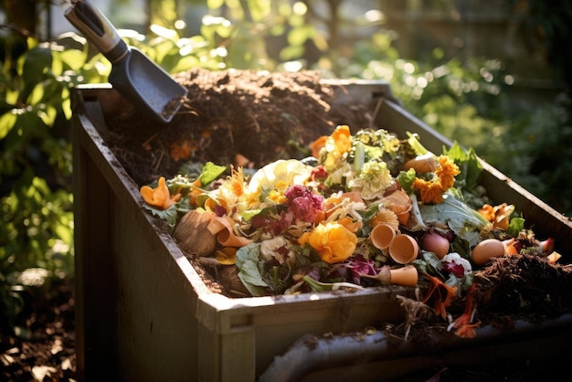 Cubo de compost en el jardín IA generativa