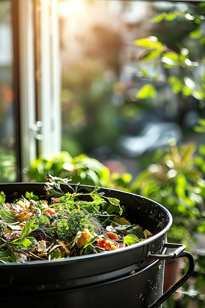 Cubo de compost urbano en el balcón, residuos de alimentos, vida verde en primer plano