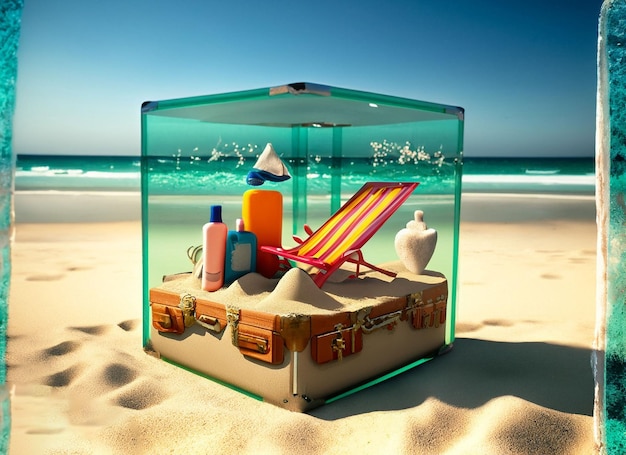 Cubo de cristal con agua y peces en la playa