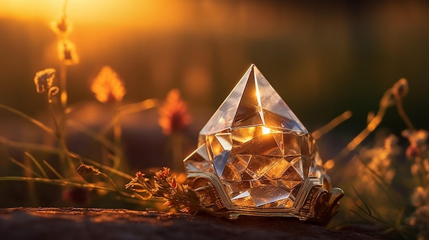 Un cubo de cristal se asienta sobre una roca frente a un campo de flores.