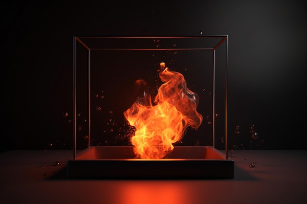 Un cubo de cristal con una bola de fuego dentro.