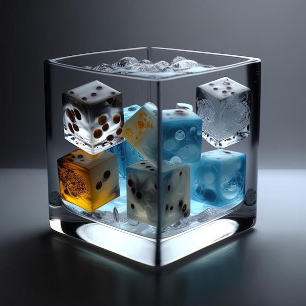 un cubo de cristal con dados y dados dentro y otro que tiene el número seis.