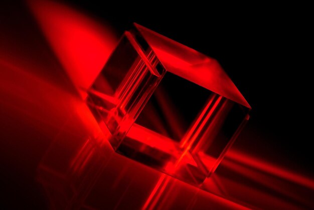 Un cubo de cristal iluminado en rojo