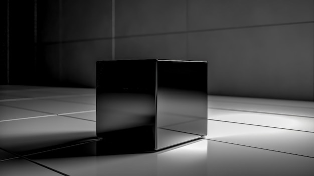 El cubo de cristal negro refleja la luz y crea sombras geométricas hechas con IA generativa