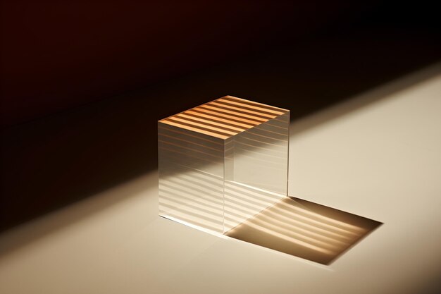 Un cubo de cristal con una sombra en el suelo.