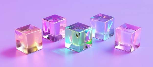 Cubo de cristal en textura de color de gradiente holográfico de arco iris en fondo púrpura imagen generada por IA