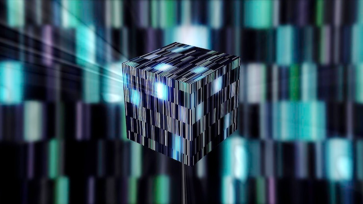 Foto cubo d transformador abstracto hecho de azulejos azules y turquesas movimiento brillante a rayas en movimiento