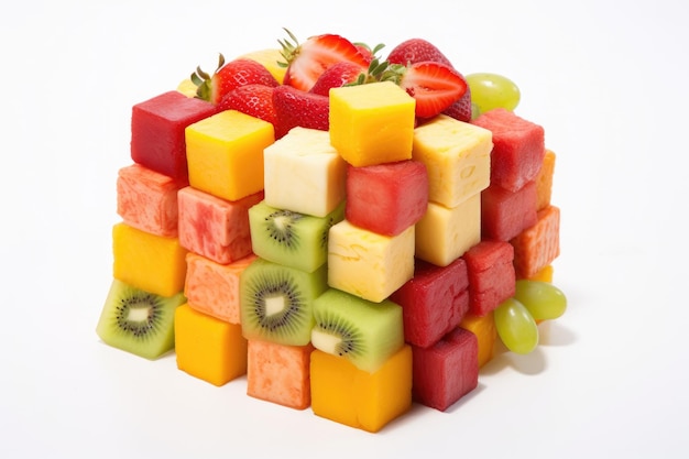 Cubo de frutas formado por pequenos quadrados de frutas tropicais variadas