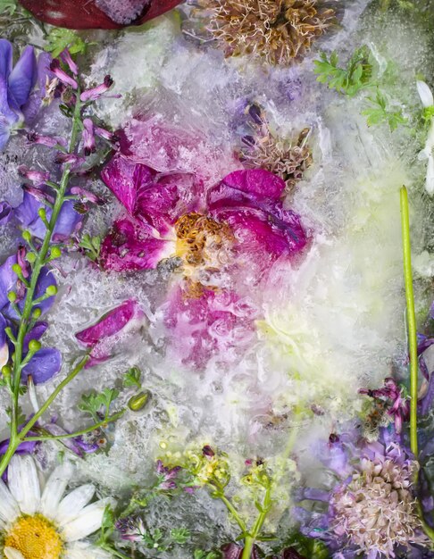 Foto cubo de gelo com flores de verão diferentes na grama verde no verão.