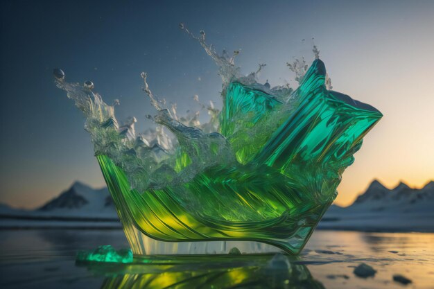 Cubo de gelo com salpicaduras de água no fundo de montanhas e pôr-do-sol ai gerado