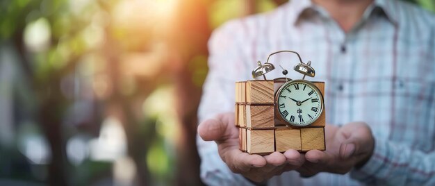 Cubo de madeira com ícone em forma de despertador mantido e montado por um empresário O conceito de economizar tempo e dinheiro quando se trata de trabalho