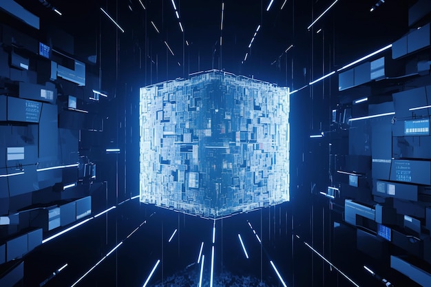 Cubo de tecnologia futurista exibido contra o fundo do ciberespaço em 3D