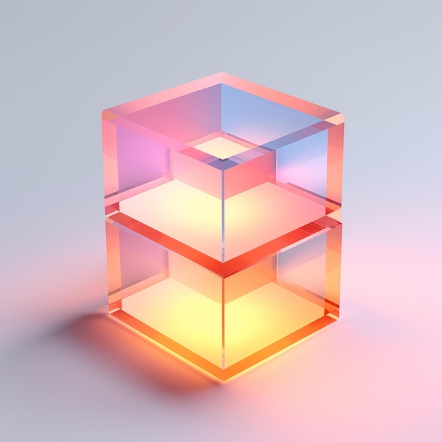 Cubo de vidro transparente multicolorido com profundidade de escultura minimalista de camadas