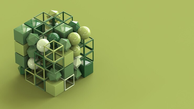 Cubo digital hecho de objetos geométricos, estructura de datos, cultura corporativa, concepto abstracto