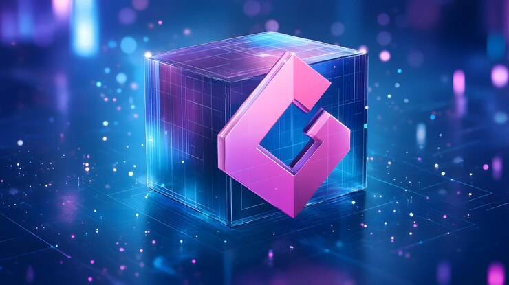 Foto un cubo digital con un símbolo brillante en un fondo vibrante futurista