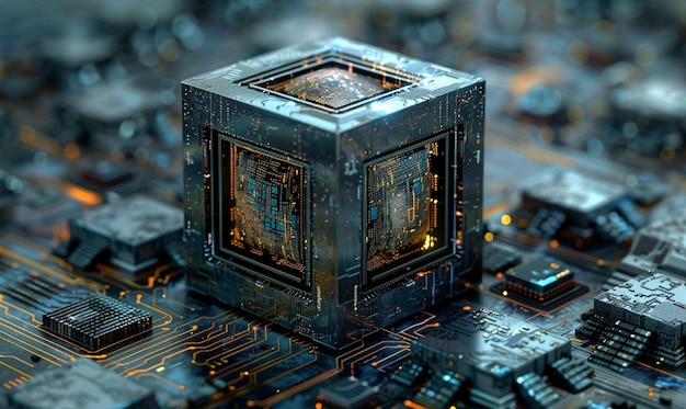 Foto cubo em cima de uma placa de circuito