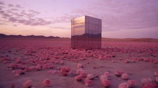 Un cubo de espejos en un desierto de arenas moradas