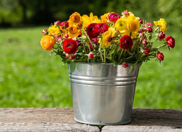 Foto un cubo de flores está sobre una mesa afuera.