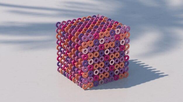 Cubo con formas circulares de colores. Ilustración abstracta, render 3d.
