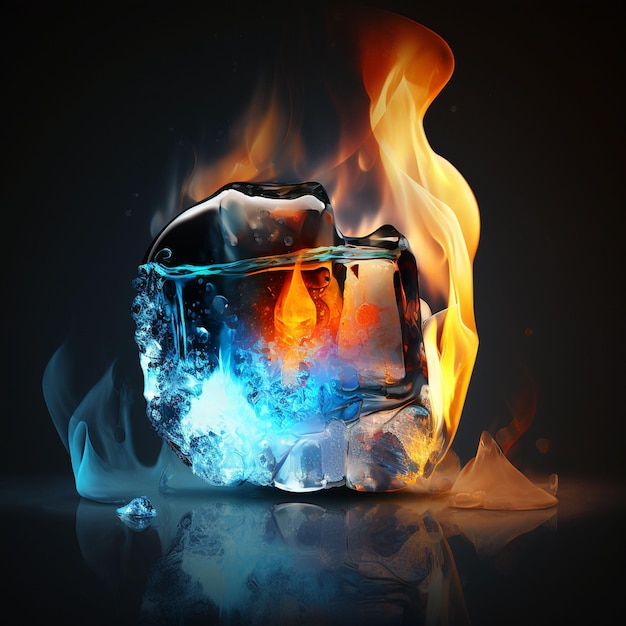 Un cubo de fuego y hielo con una llama azul y naranja detrás.