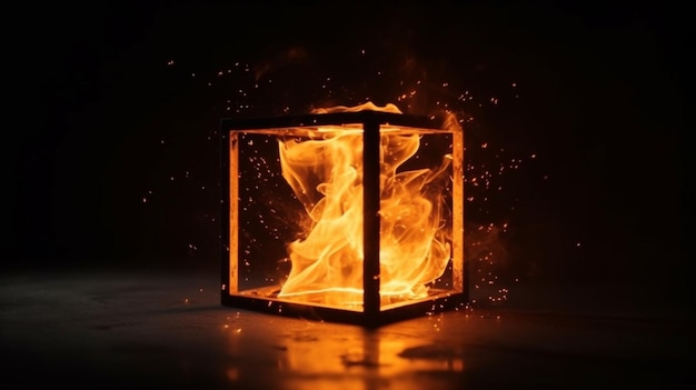 Un cubo de fuego con la palabra fuego en él