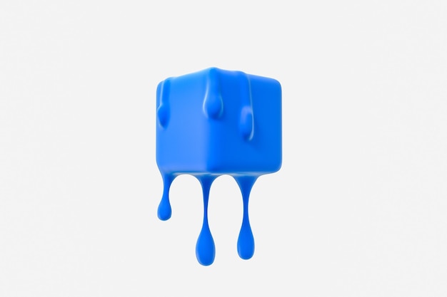 Cubo de fusión azul con detalles de gota de líquido renderizado 3d