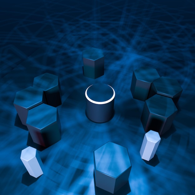 Cubo hexagonal con fondo oscuro rodeado de líneas brillantes renderización 3D