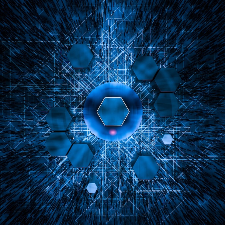 Foto cubo hexagonal con fondo oscuro rodeado de líneas brillantes renderización 3d