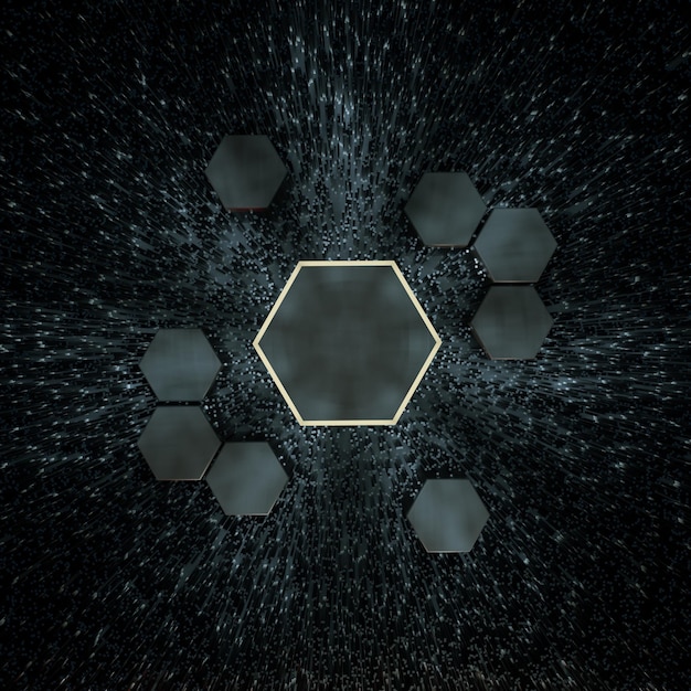 Cubo hexagonal con fondo oscuro rodeado de líneas brillantes representación 3d