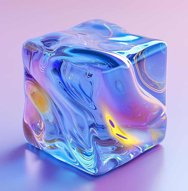 Cubo de hielo abstracto en 3d con algo de líquido de color y gradientes