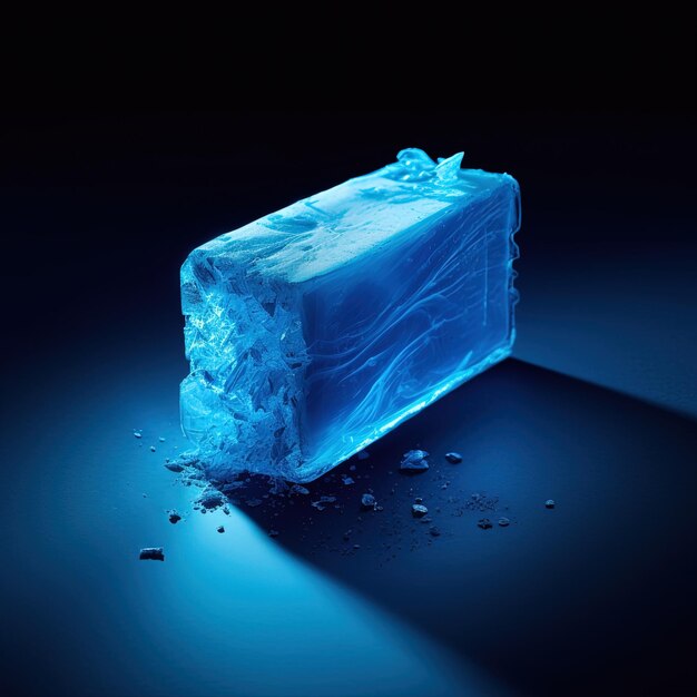 un cubo de hielo azul que está en una superficie azul