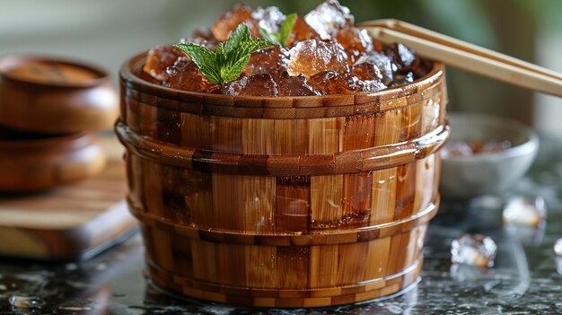 Un cubo de hielo de bambú con tongs Una imagen que muestra el fondo