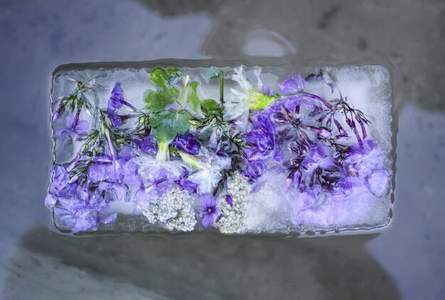 Cubo de hielo con diferentes flores de verano sobre hierba verde en verano