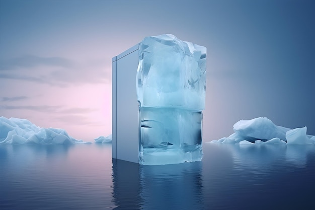 Un cubo de hielo está flotando en el agua con la palabra hielo.