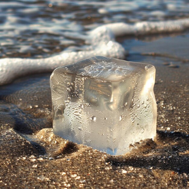 Foto un cubo de hielo está en la playa y el océano está congelado