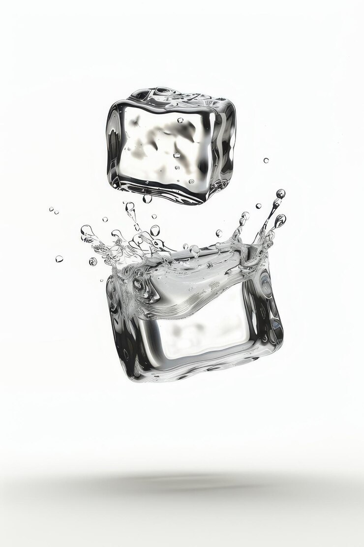 Cubo de hielo salpicando en el agua sobre un fondo blanco capturando el movimiento dinámico y la claridad refrescante