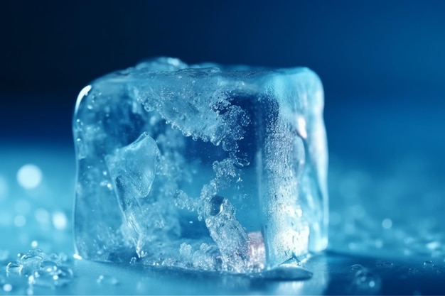 Cubo de hielo teñido de azul en proceso de disolución suave