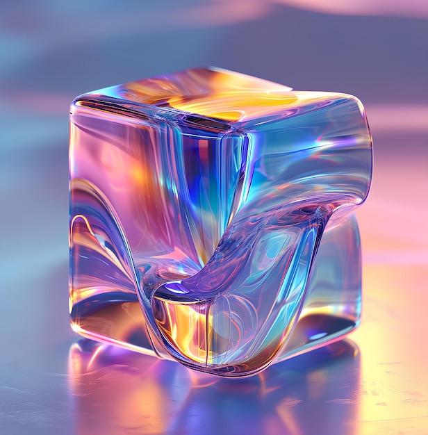 Un cubo de hielo transparente tiene una luz colorida girando a su alrededor