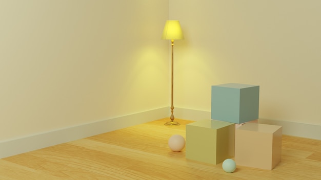 Cubo interior 3D con fondo de pared estética de lámpara para presentación de producto