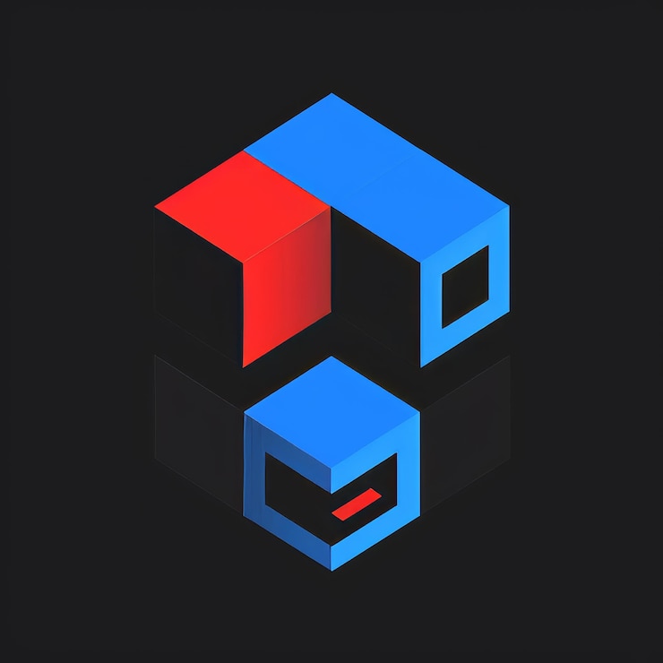 Foto cubo isométrico 3d en colores azul y rojo sobre un fondo negro