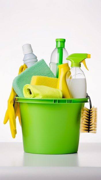 Foto un cubo de limpieza verde con productos de limpiación sobre un fondo blanco